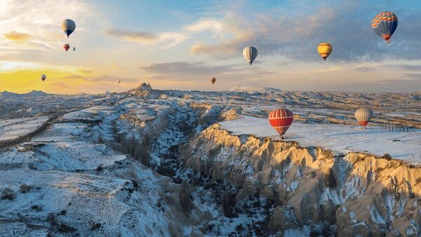 hot air balloon over Cappadocia in the winter